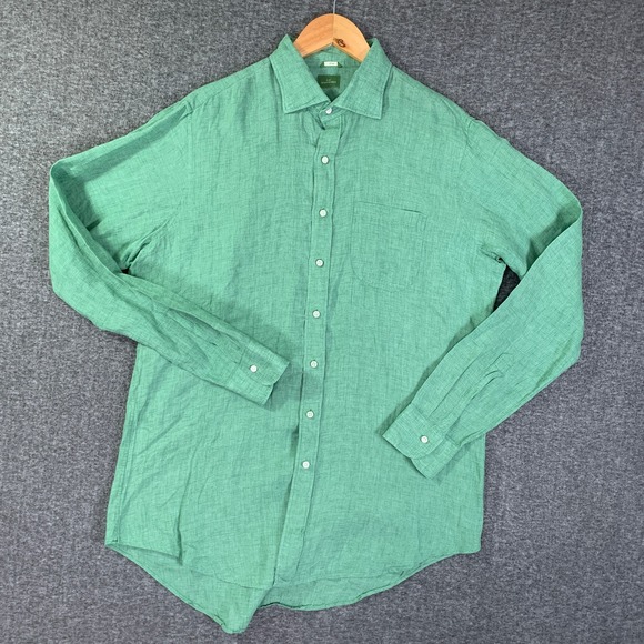 Sid Mashburn Linen Shirt Men Large Slim Fit Green Button Up Long Sleeve Casual